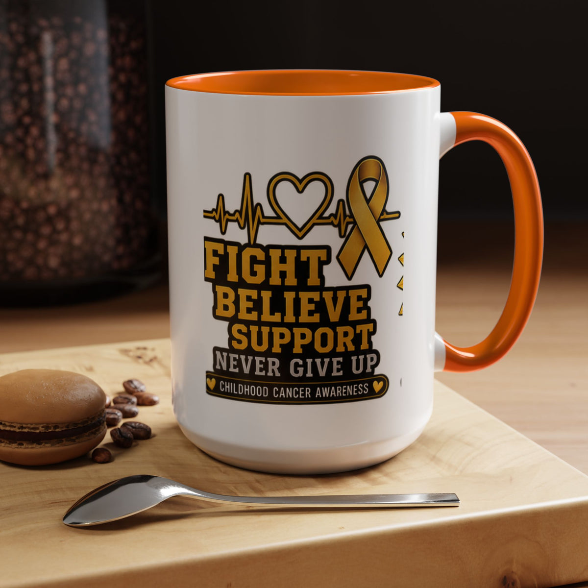 Childhood Cancer Awareness Accent Coffee Mug — "Fight Believe Support" 11/15oz