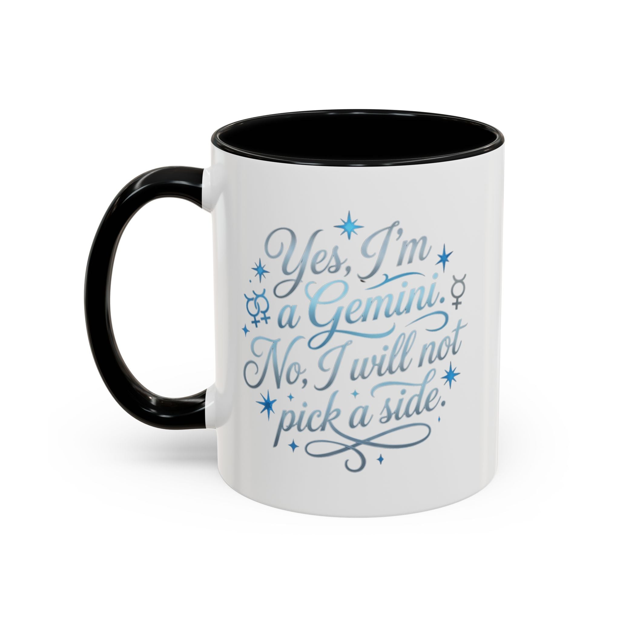 Gemini Zodiac Accent Coffee Mug – “Yes, I’m a Gemini. No, I will not pick a side.” – Astrological Gift