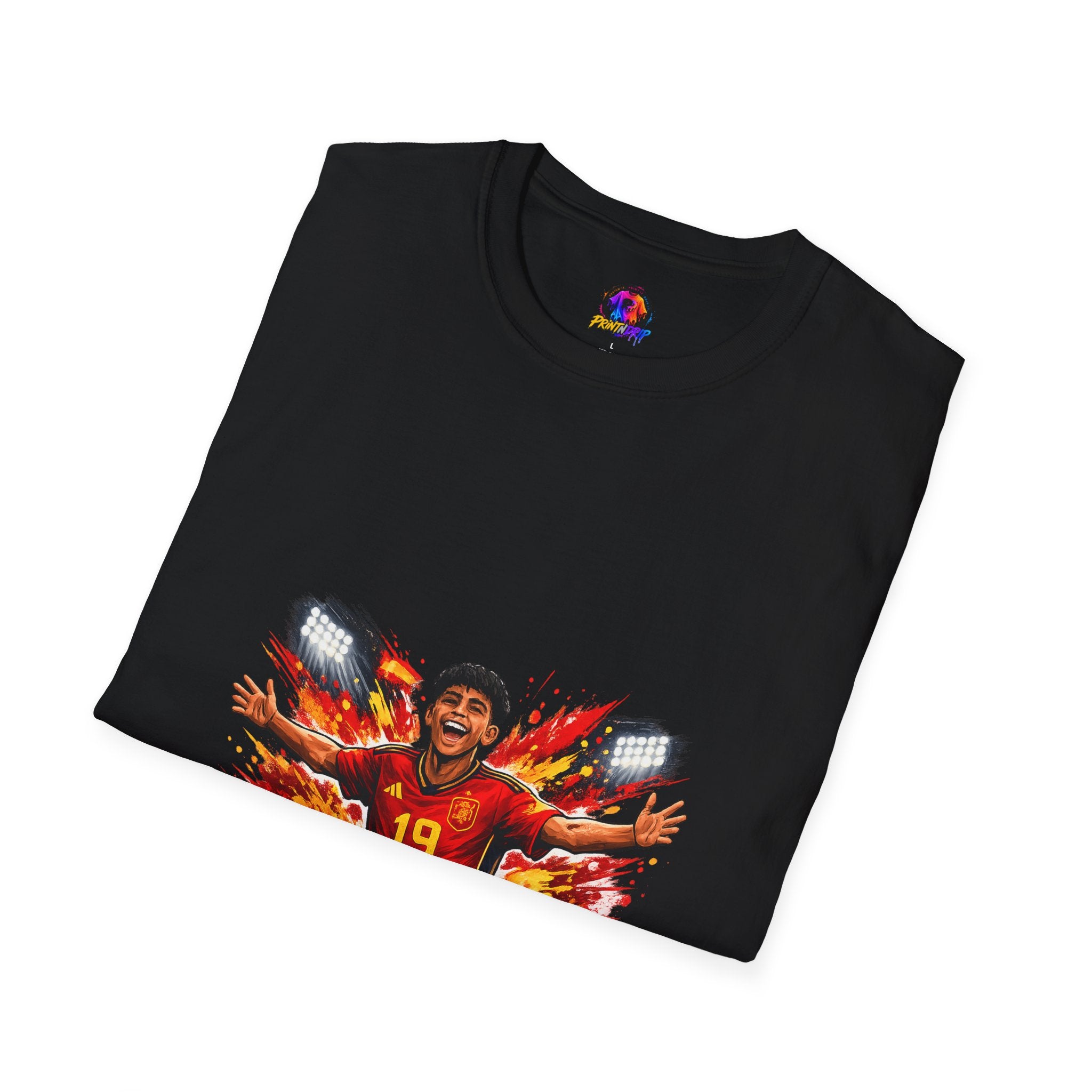 Spain Soccer Fan Portrait T‑Shirt – Fiery Goal Celebration Design