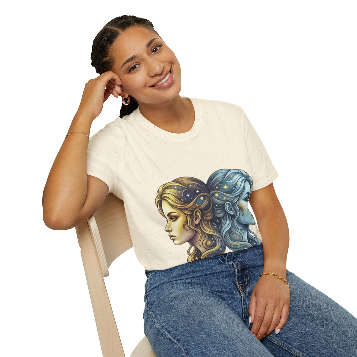 Zodiac Gemini Sun & Moon T-Shirt — Dual Faces Cosmic Design