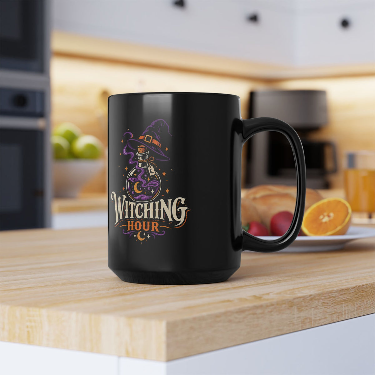 Witching Hour Black Mug — Spooky Halloween Witch Hat & Potion Coffee Cup (11oz/15oz)