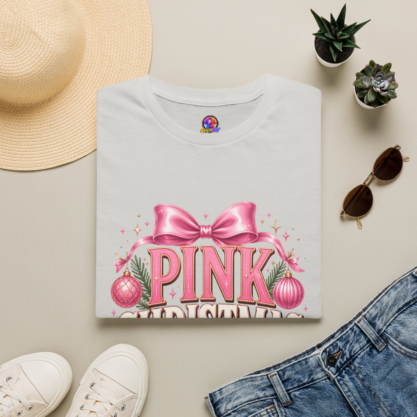 Pink Christmas Club T-Shirt — Womens Festive Holiday Tee with Bow & Ornaments