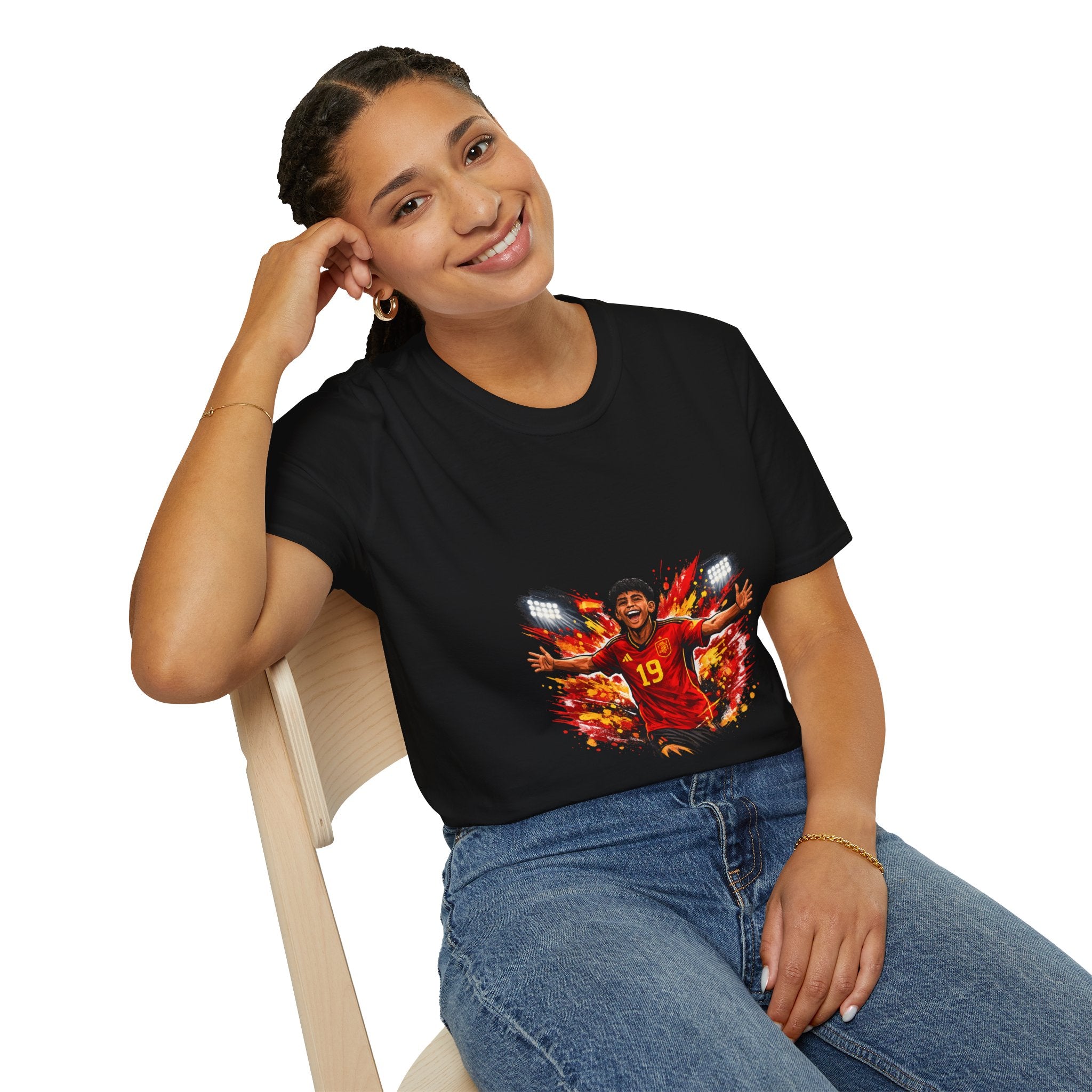 Spain Soccer Fan Portrait T‑Shirt – Fiery Goal Celebration Design