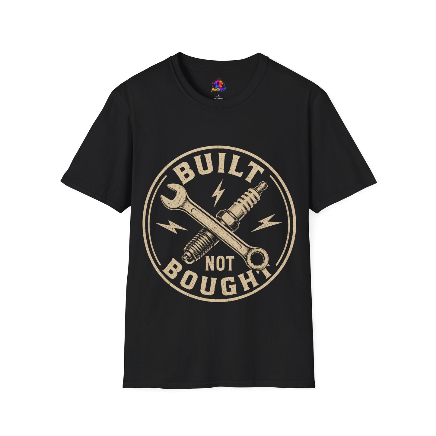 Built Not Bought T-Shirt — Vintage Mechanic Wrench & Spark Plug Design
