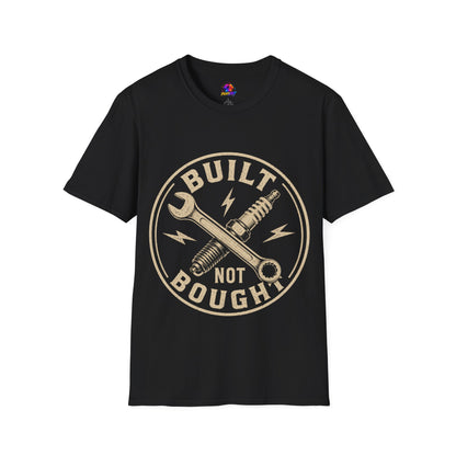 Built Not Bought T-Shirt — Vintage Mechanic Wrench & Spark Plug Design