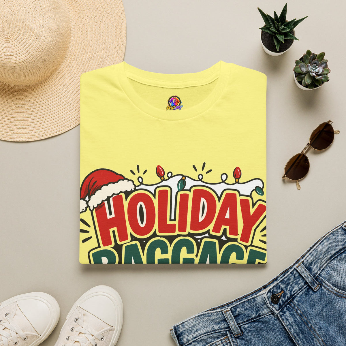 Holiday Baggage Claim T-Shirt — Funny Christmas Vacation Tee with Santa Hat & Lights