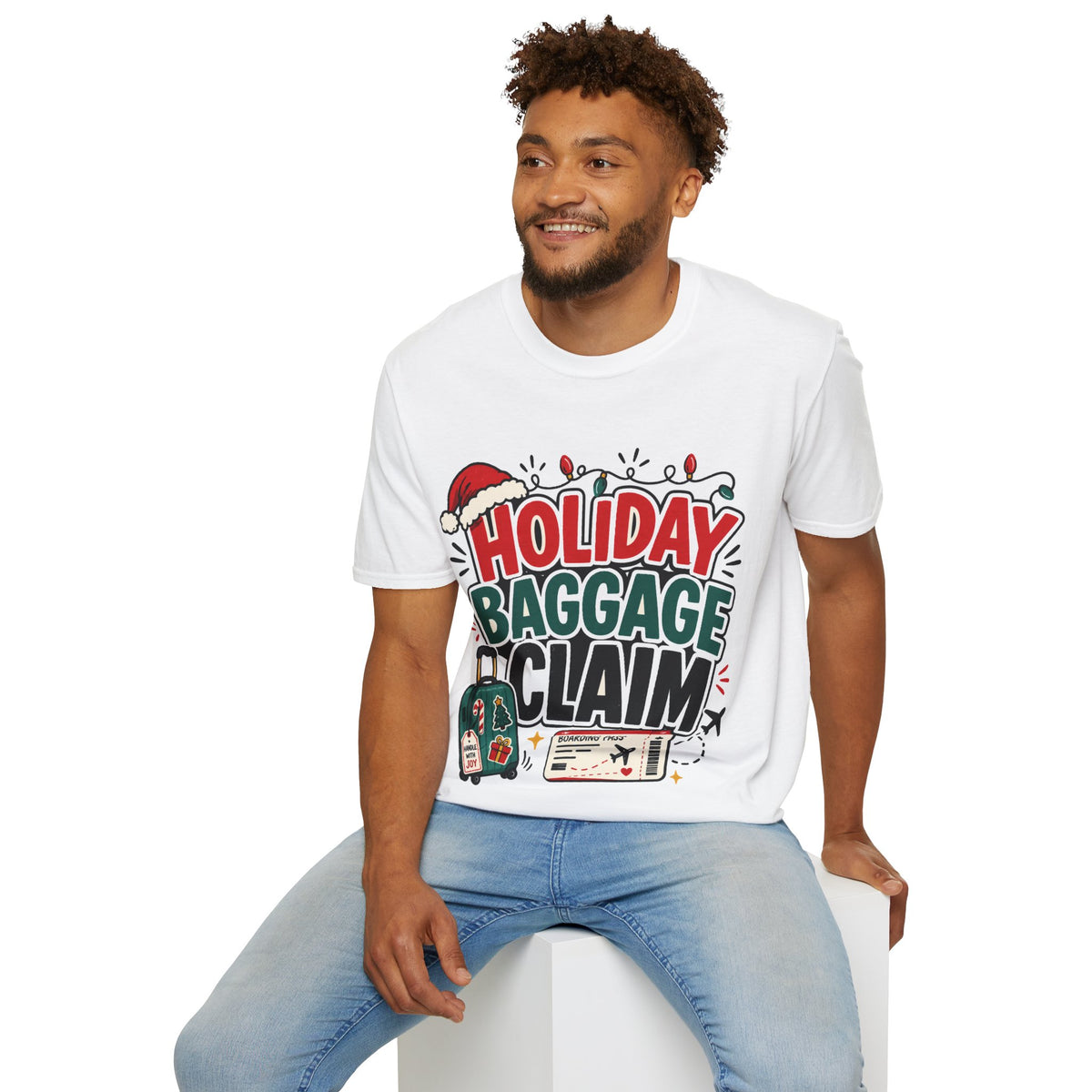 Holiday Baggage Claim T-Shirt — Funny Christmas Vacation Tee with Santa Hat & Lights