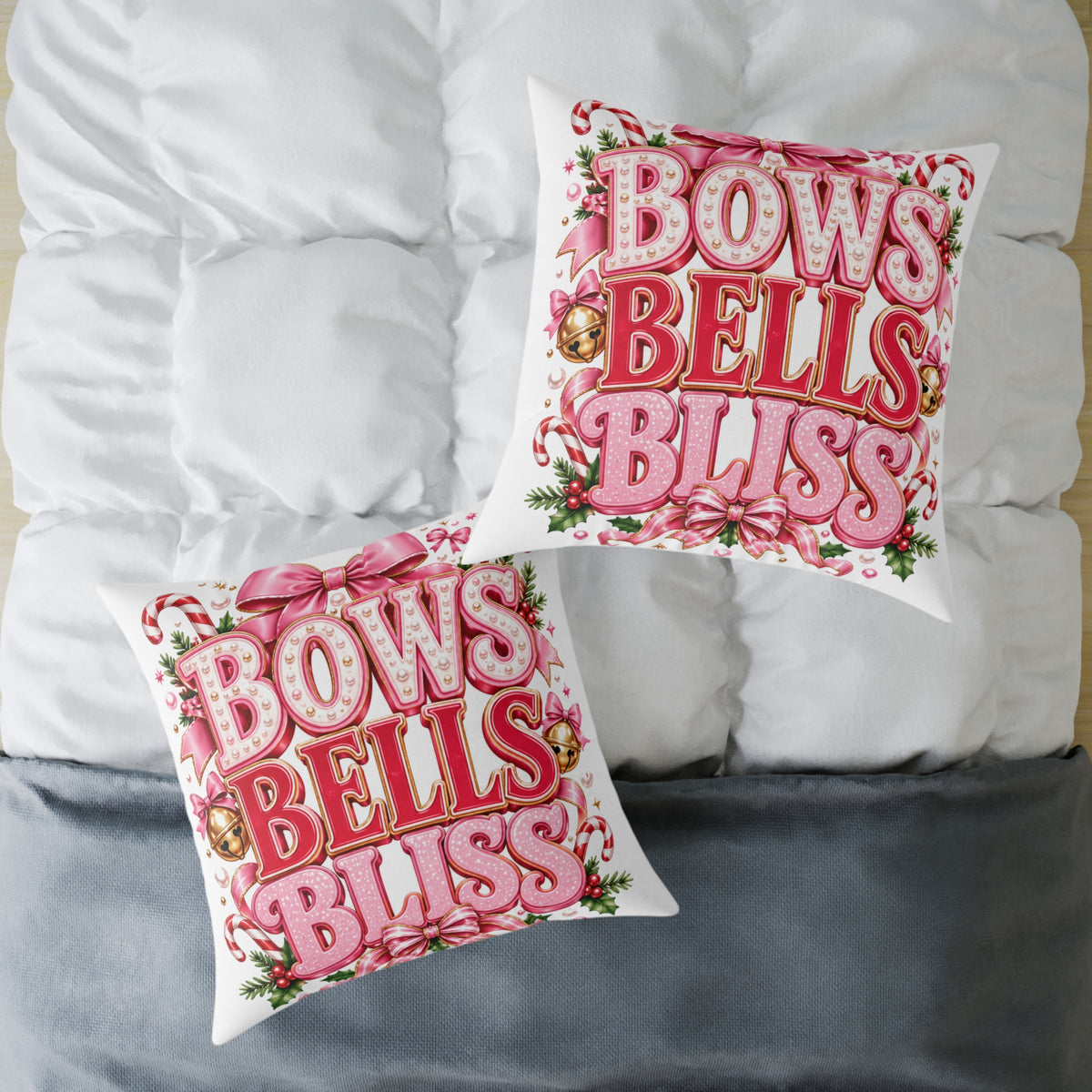 Bows Bells Bliss Modern Day Christmas Square Poly Canvas Pillow