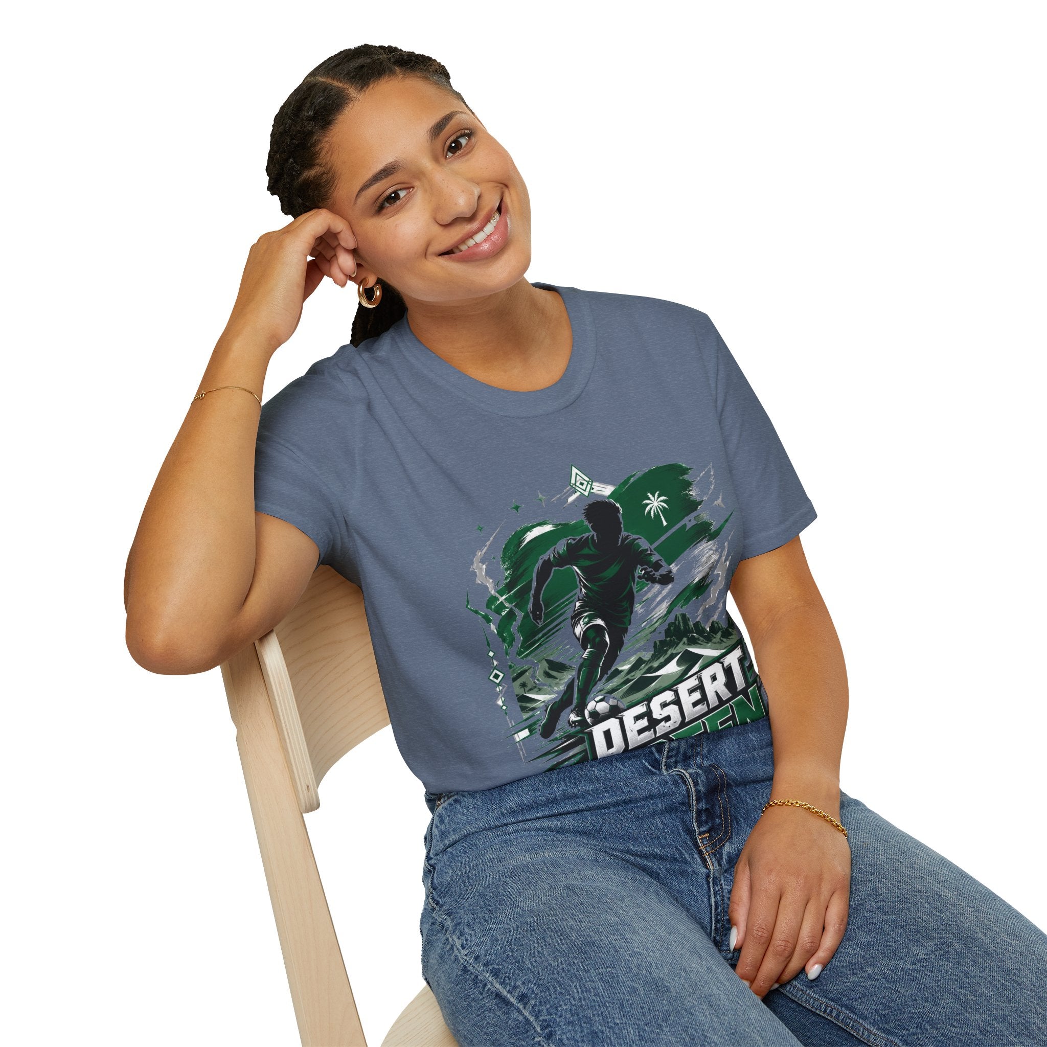Saudi Arabia Desert Green Soccer T-Shirt — Silhouette Player Graphic