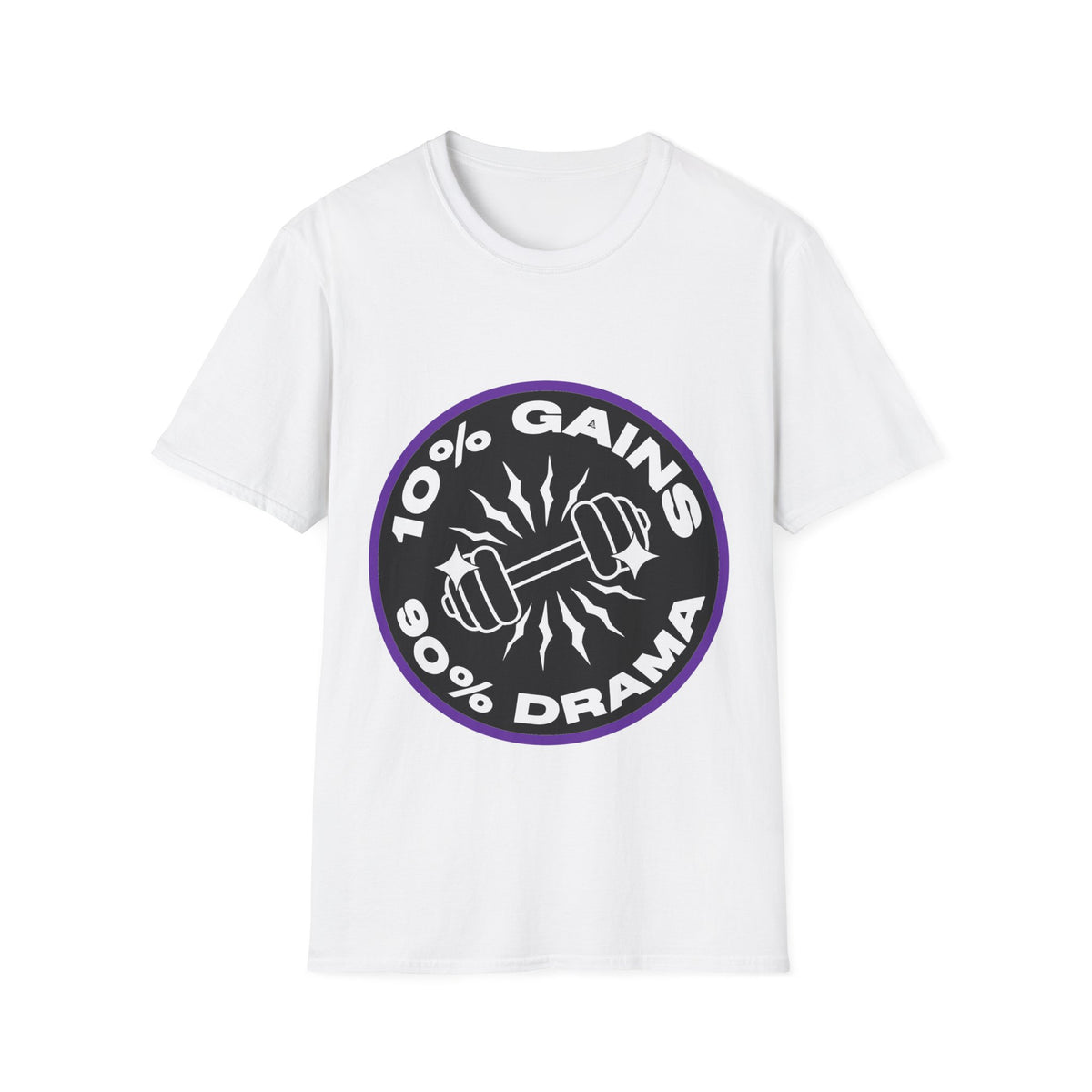10% Gains 90% Drama Purple Badge T-Shirt - Retro Gym Circle Logo Graphic Tee - Trending Now - September 2026