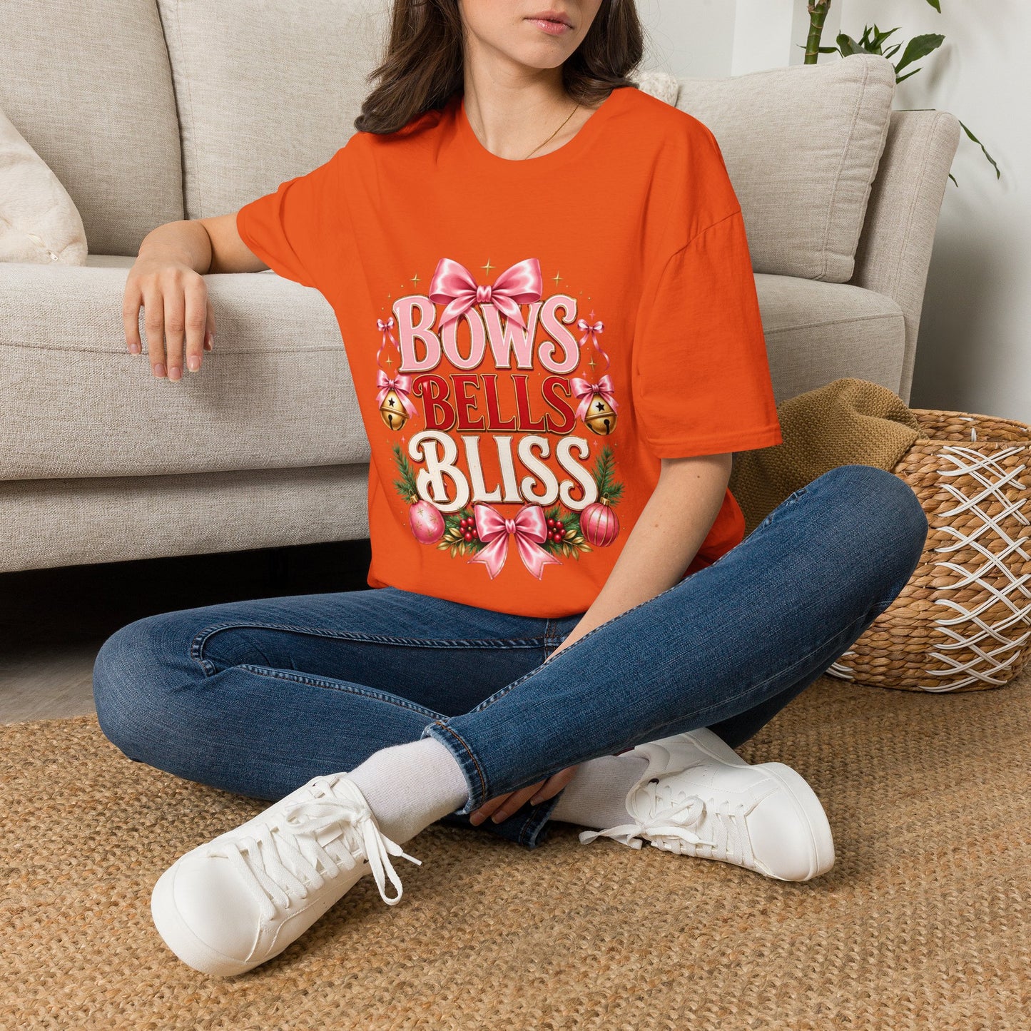 T-Shirt — "Bows Bells Bliss" Pink Holiday Graphic Tee