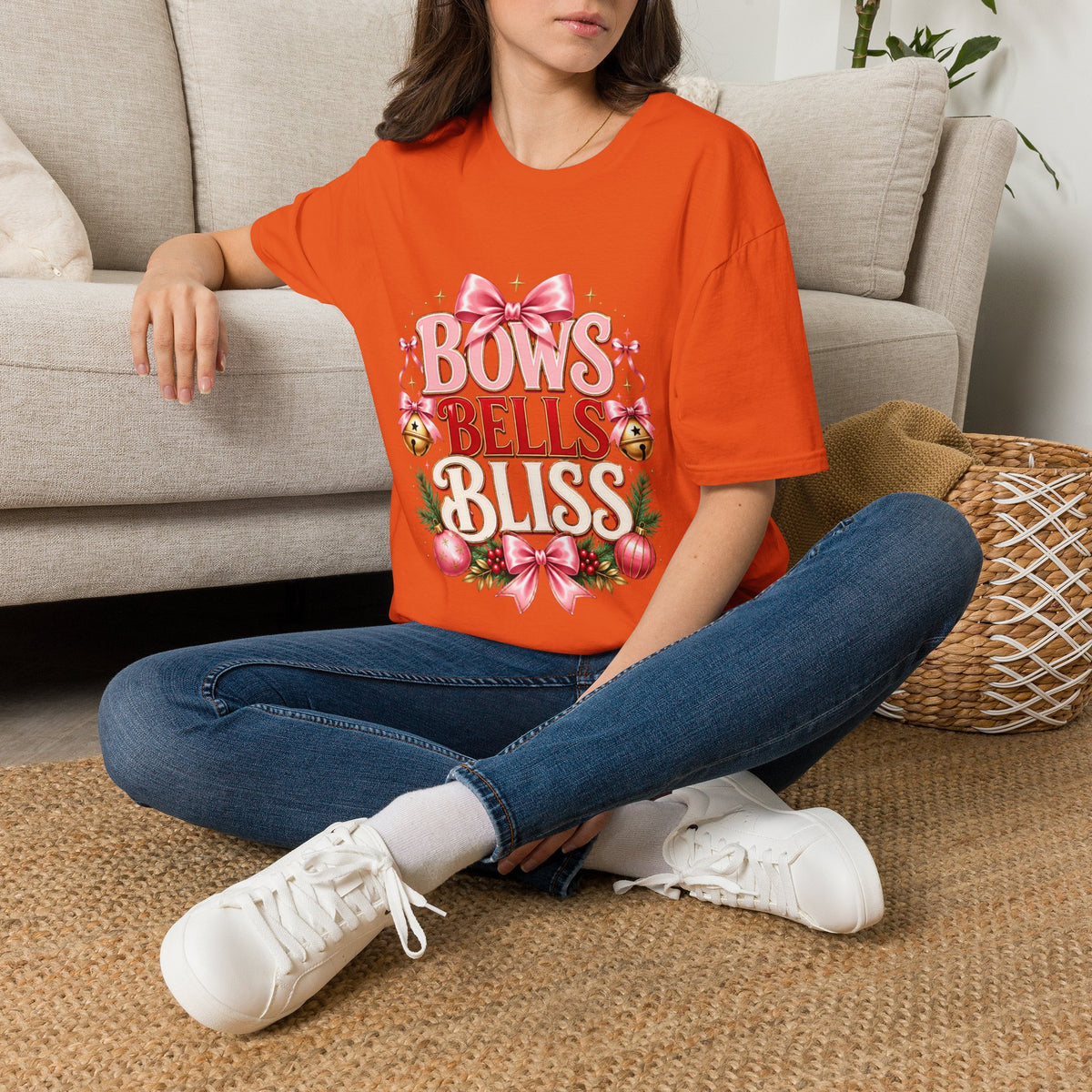 T-Shirt — "Bows Bells Bliss" Pink Holiday Graphic Tee