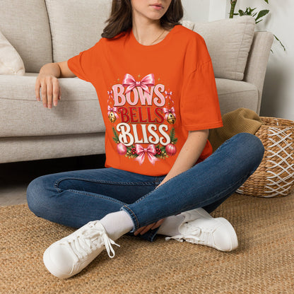 T-Shirt — "Bows Bells Bliss" Pink Holiday Graphic Tee