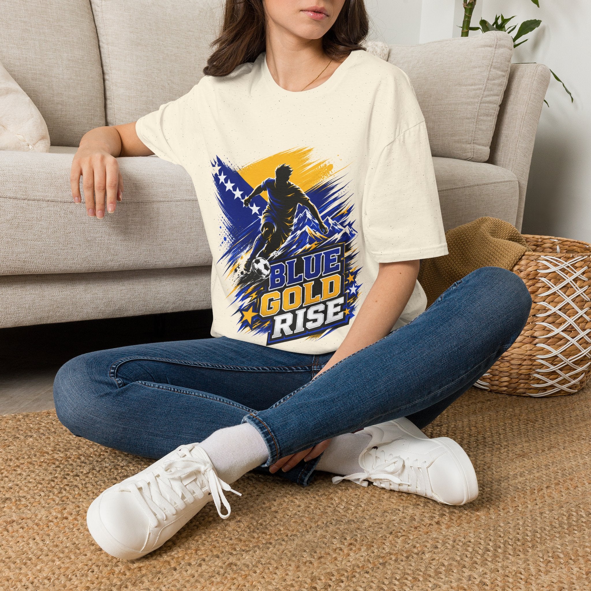 Bosnia Football T‑Shirt - "Blue Gold Rise" Soccer Graphic Tee