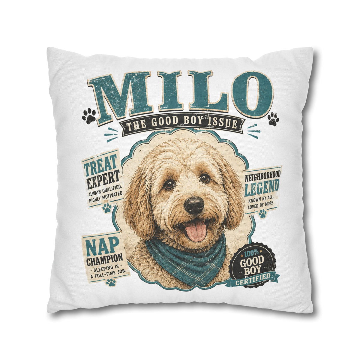 Milo 'The Good Boy Issue' Decorative Dog Pillowcase — Personalized Pet Name Cushion Cover Milo Bailey Dog Dad Mom