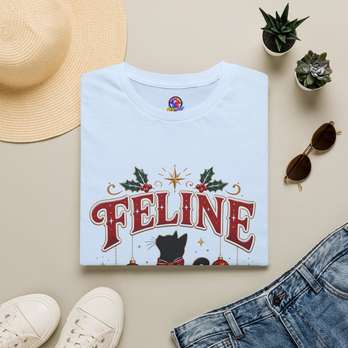 Feline Festive T-Shirt — Cute Black Cat Christmas Holiday Tee