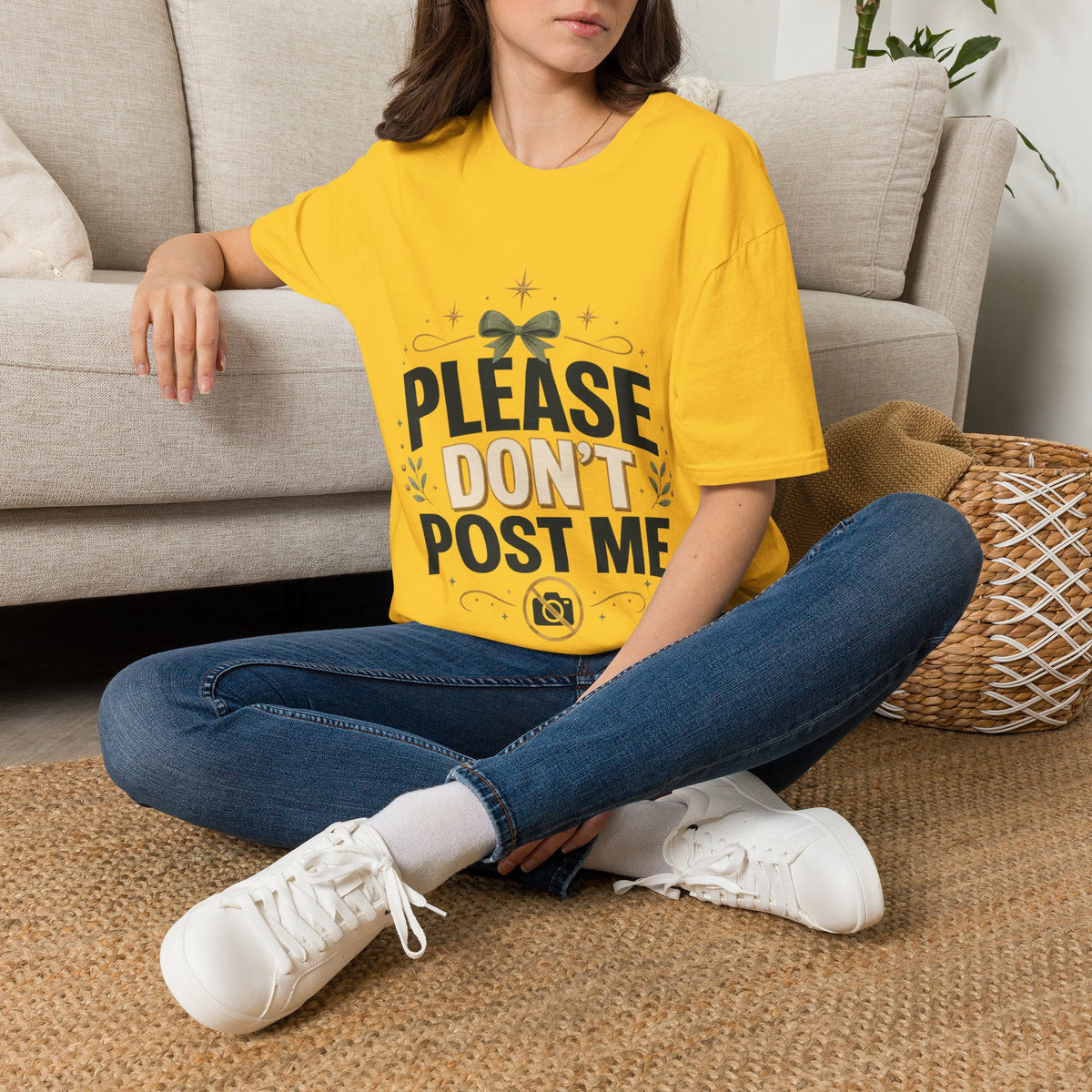 T-Shirt — Please Don’t Post Me Graphic Tee (Cute Bow, Social Media Humor)