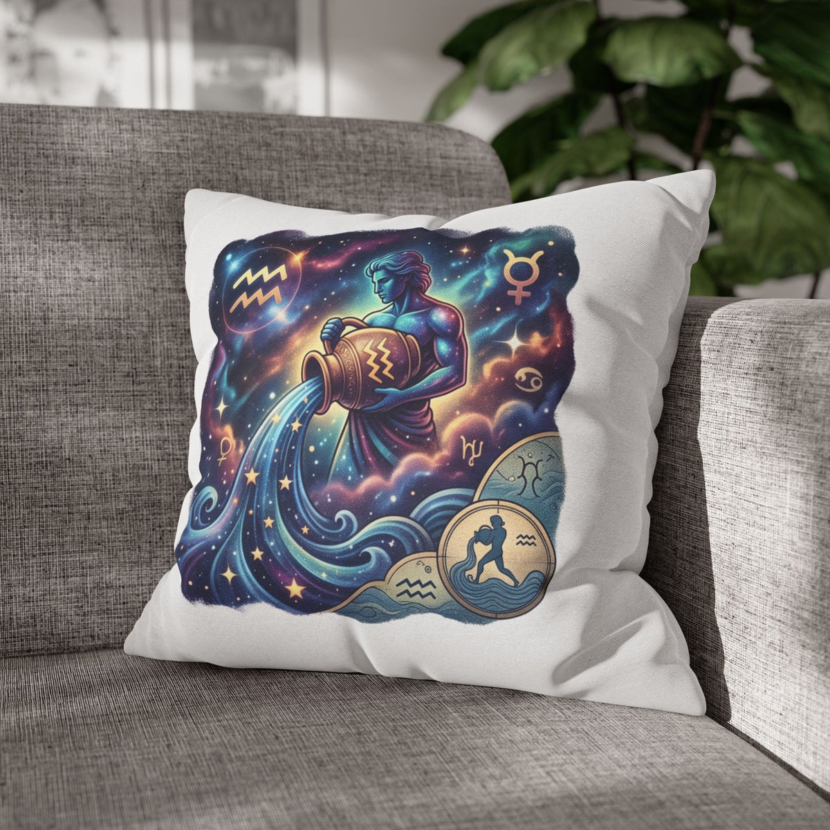 Aquarius Zodiac Pillowcase — Water Bearer Astrology Cushion Cover
