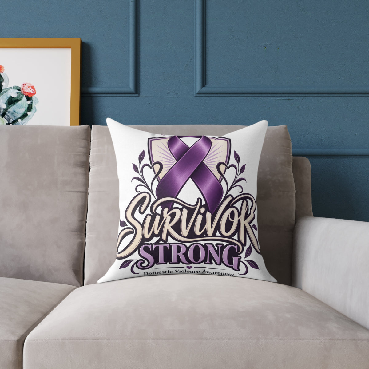 Survivor Strong Purple Ribbon Square Pillow — Domestic Violence Awareness Support Home Decor