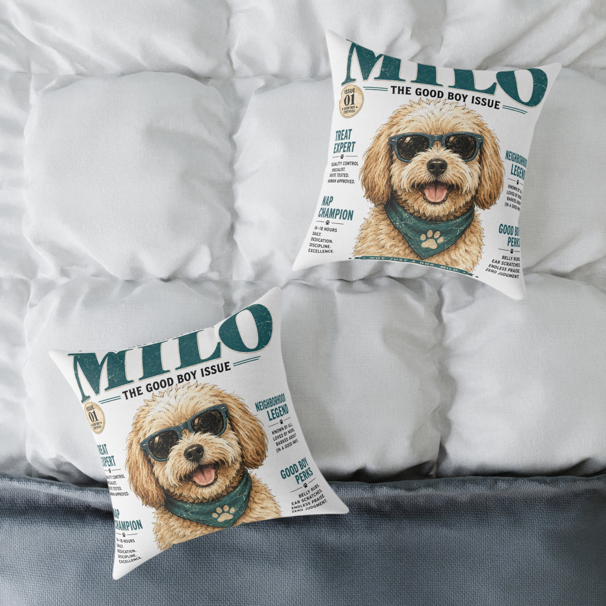 Milo 'The Good Boy Issue' Square Throw Pillow - Milo Bailey Dog Dad Mom Cute Dog Magazine Cover Decor