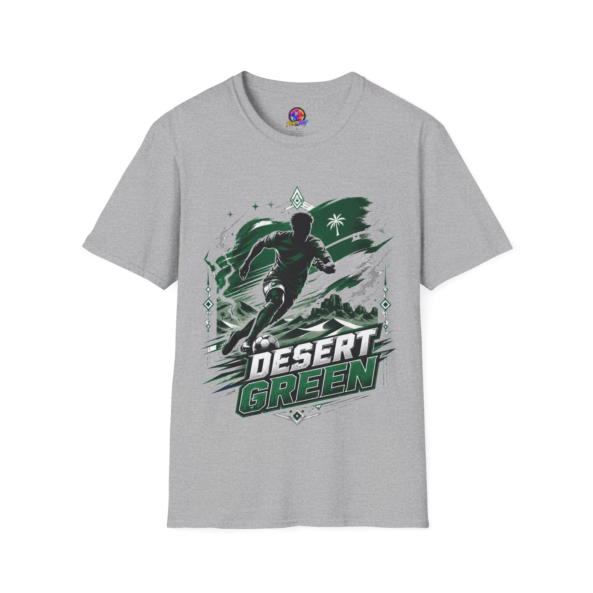 Saudi Arabia Desert Green Soccer T-Shirt — Silhouette Player Graphic