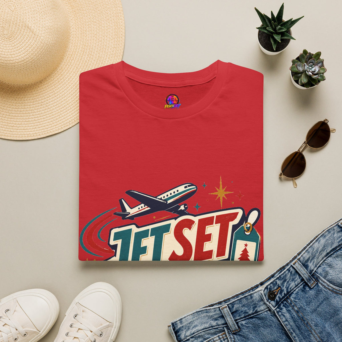 Jet Set Jingle Travel T-Shirt — Retro Airplane Vacation Graphic