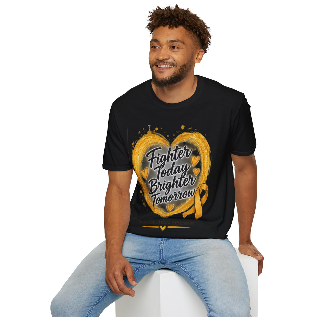 Childhood Cancer Awareness T-Shirt — "Fighter Today Brighter Tomorrow" Gold Ribbon