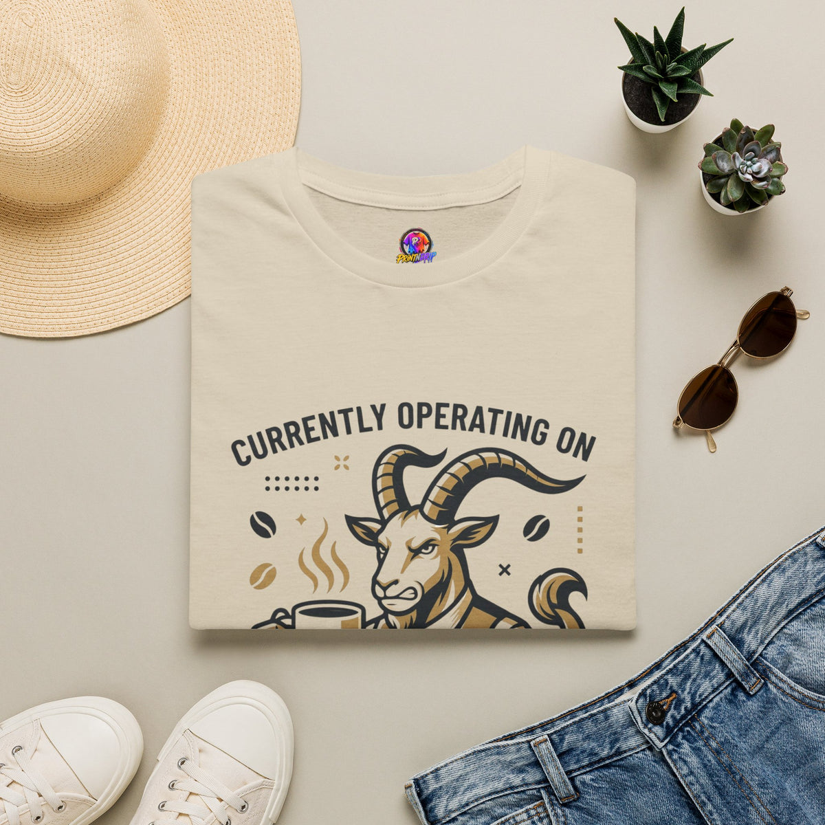 Capricorn T-Shirt — "Currently Operating on Caffeine and Spite" Zodiac Goat Tee