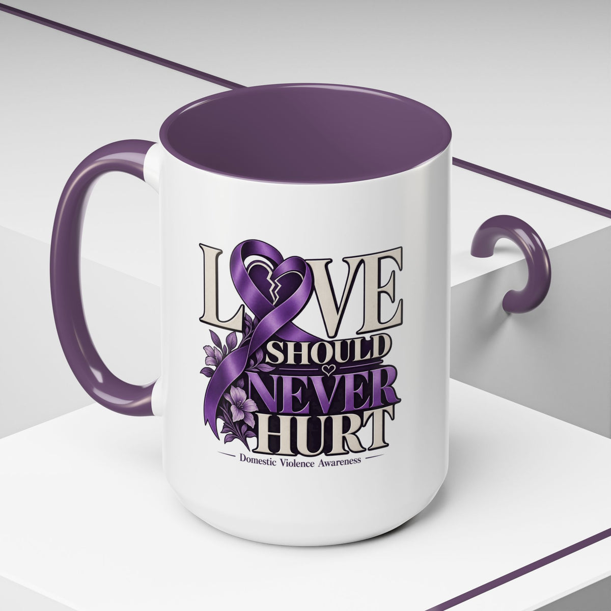 Domestic Violence Awareness Accent Coffee Mug – "Love Should Never Hurt" (11/15oz)