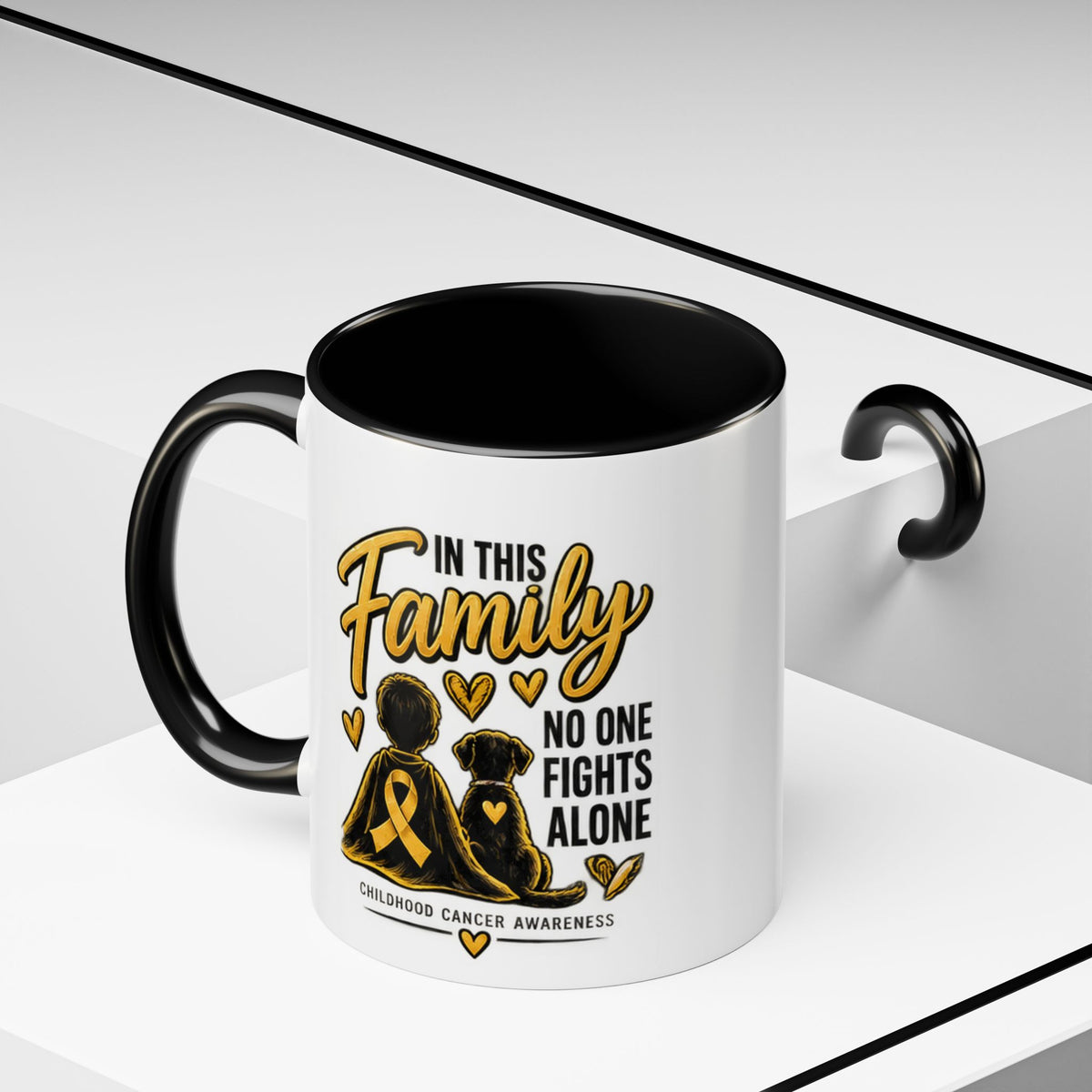 Childhood Cancer Awareness Coffee Mug — "In This Family No One Fights Alone"