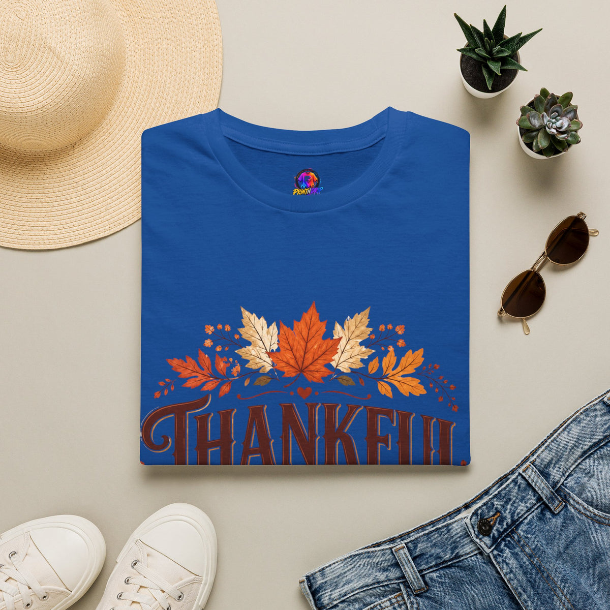 Thanksgiving T-Shirt Thankful Always T-Shirt — Autumn Leaves & Pumpkins Thanksgiving Tee