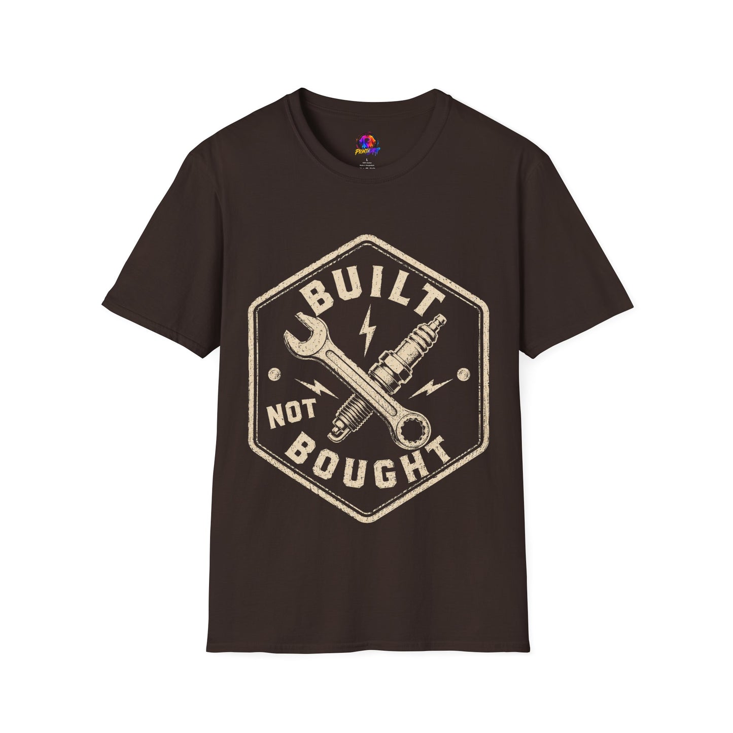Built Not Bought T-Shirt — Vintage Mechanic Wrench & Spark Plug Tee