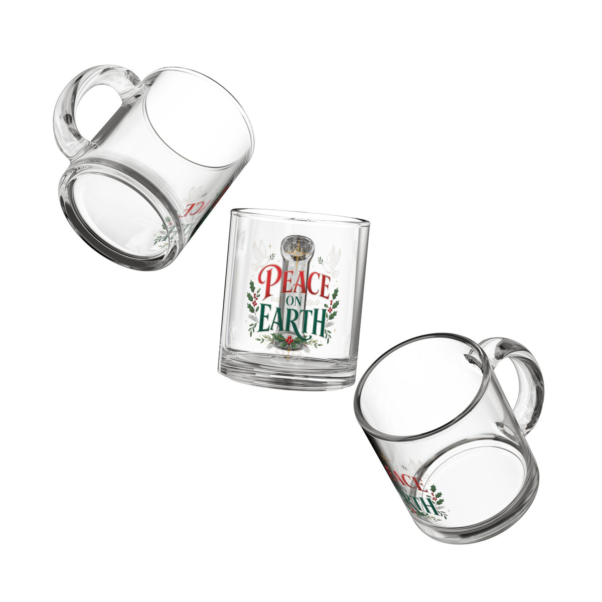 Christmas Glass Mug 10 oz Peace on Earth Glass Mug — 10oz Christmas Holiday Coffee Cup