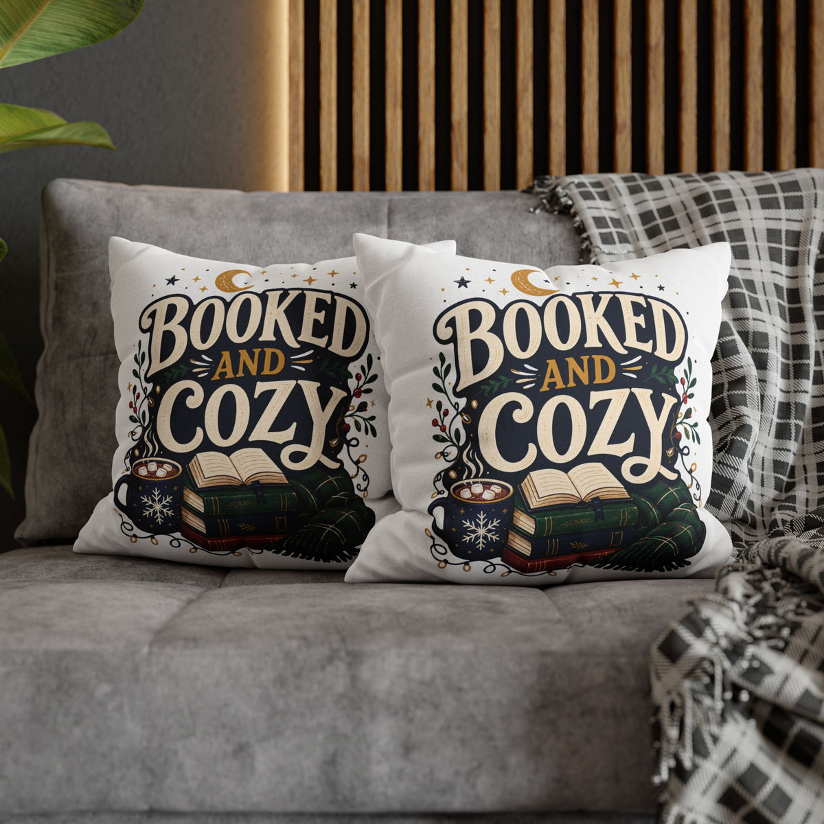 Booked and Cozy Square Pillowcase Modern Day Christmas — Booklover Decorative Throw Pillow Cover