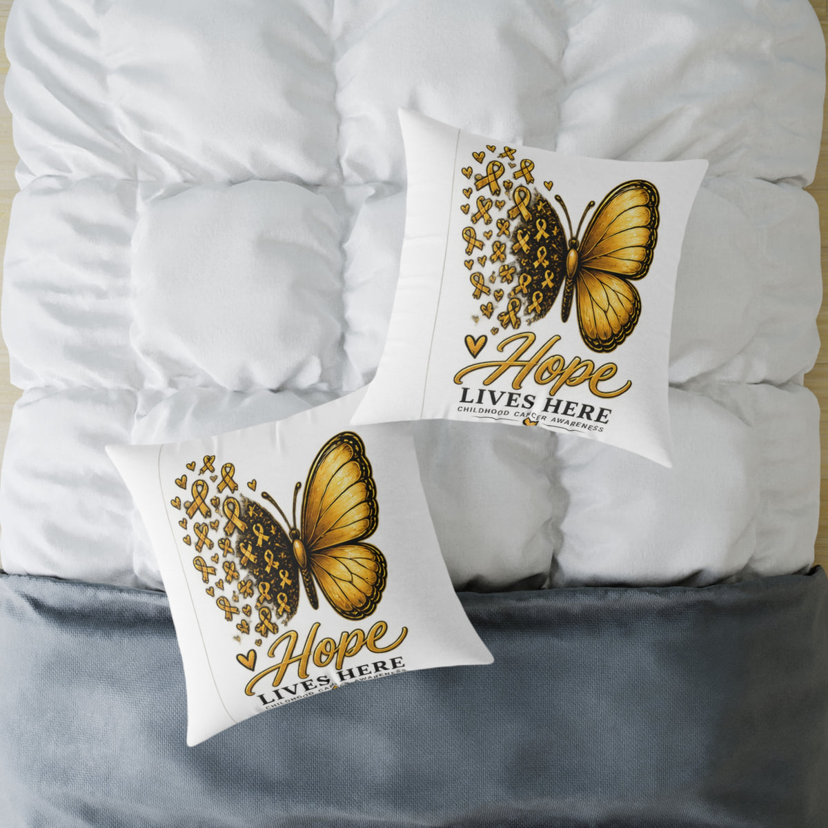 Childhood Cancer Hope Lives Here Butterfly Pillow — Gold Awareness Ribbon Accent
