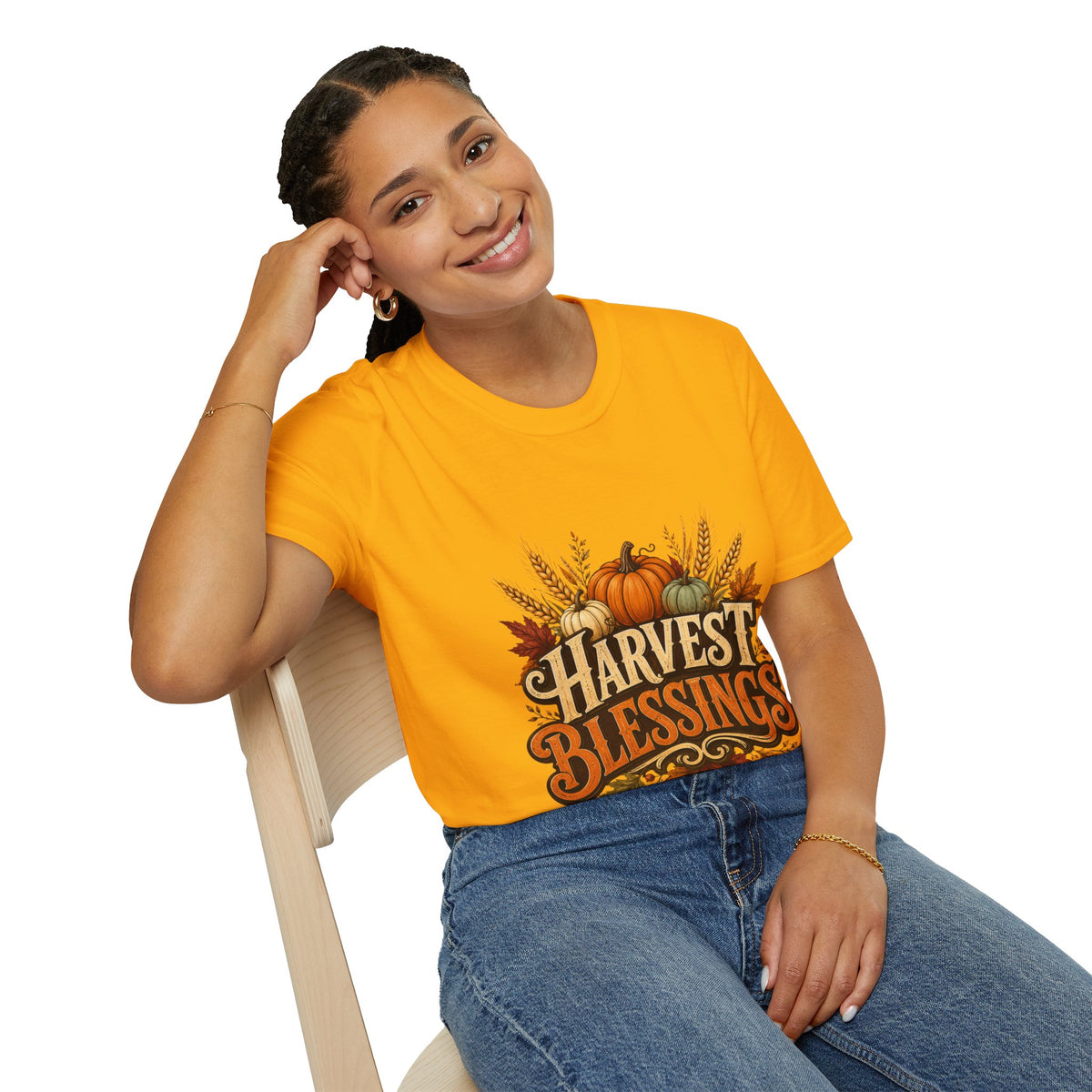Thanksgiving T-Shirt Harvest Blessings T-Shirt — Fall Pumpkin & Wheat Autumn Tee
