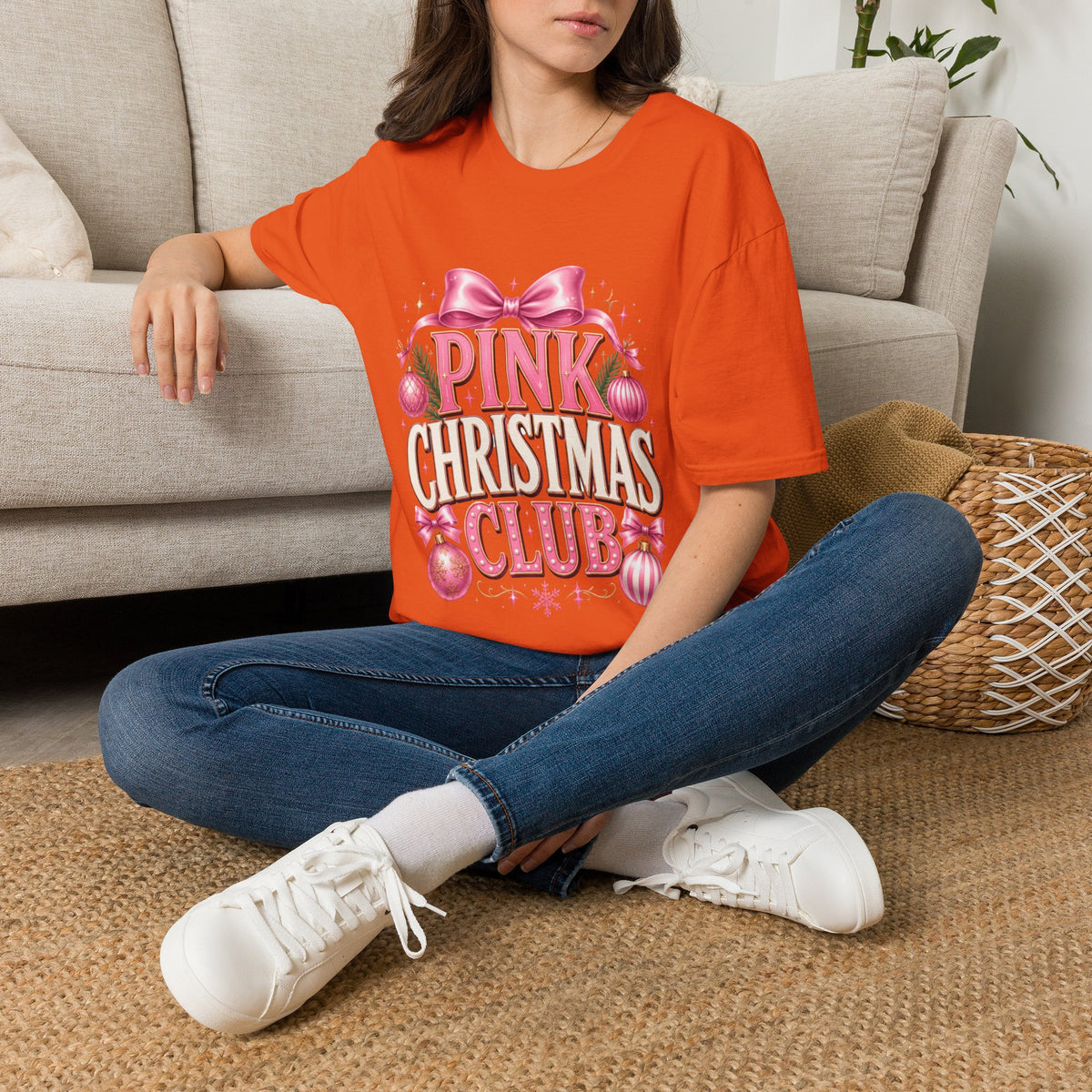Pink Christmas Club T-Shirt — Womens Festive Holiday Tee with Bow & Ornaments