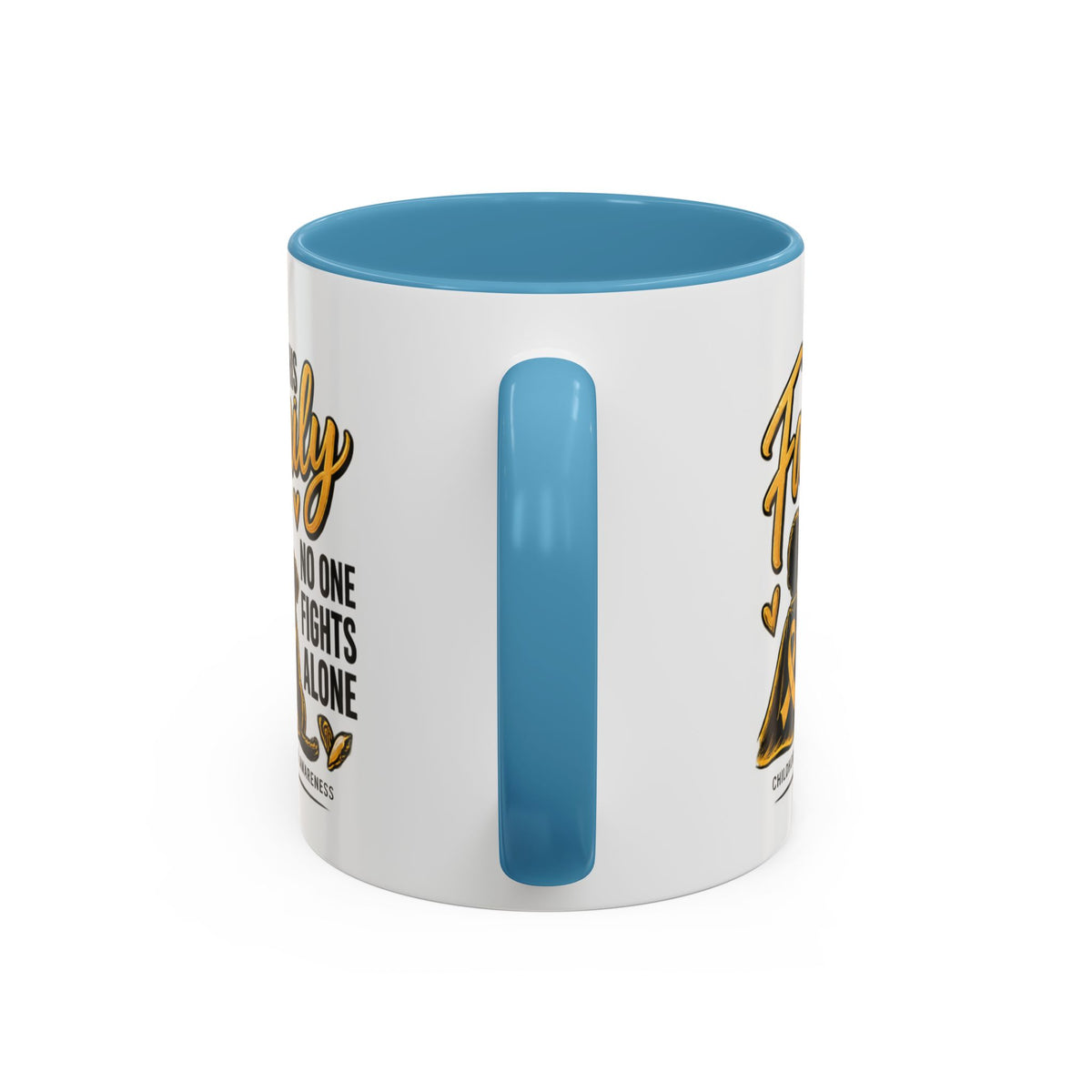 Childhood Cancer Awareness Coffee Mug — "In This Family No One Fights Alone"