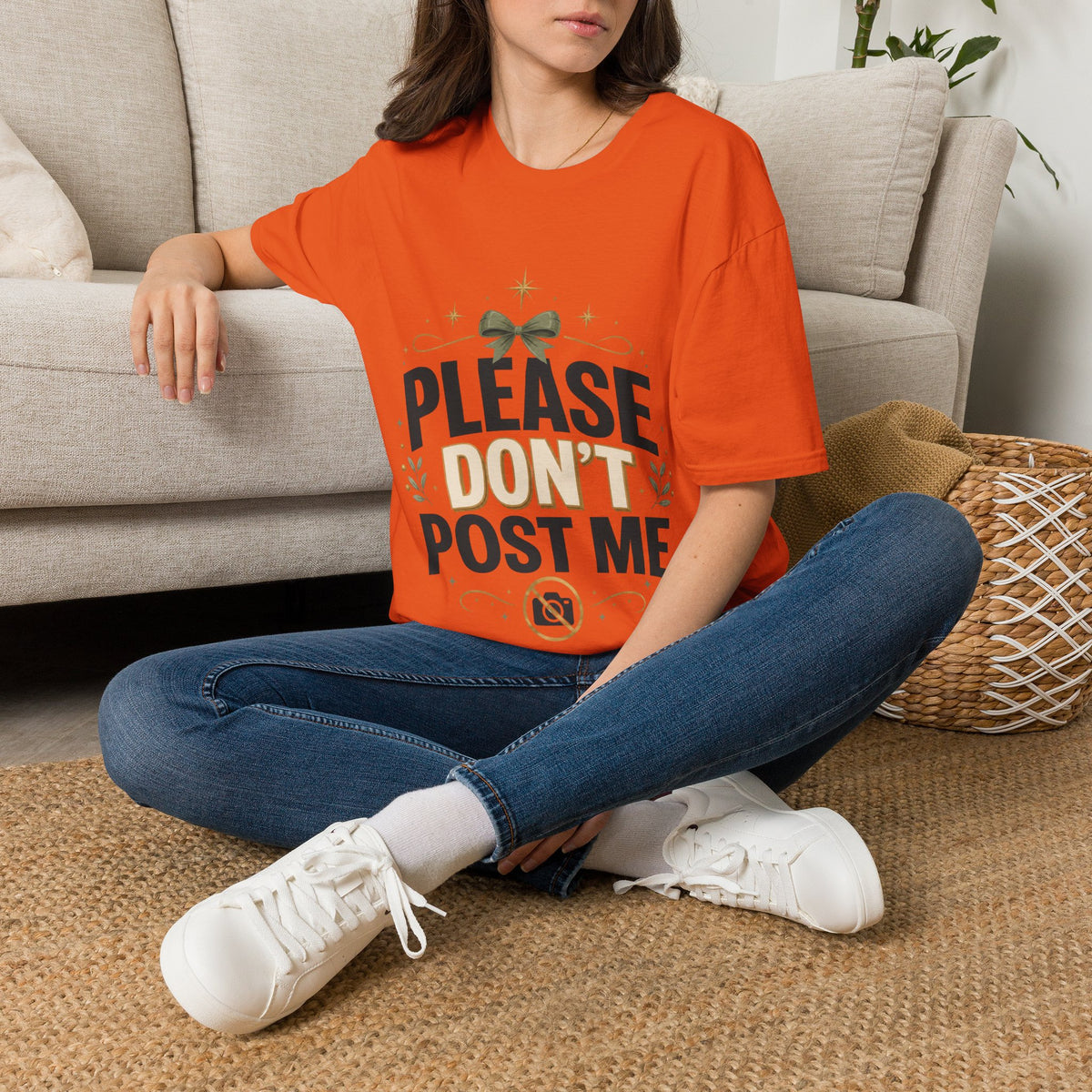T-Shirt — Please Don’t Post Me Graphic Tee (Cute Bow, Social Media Humor)