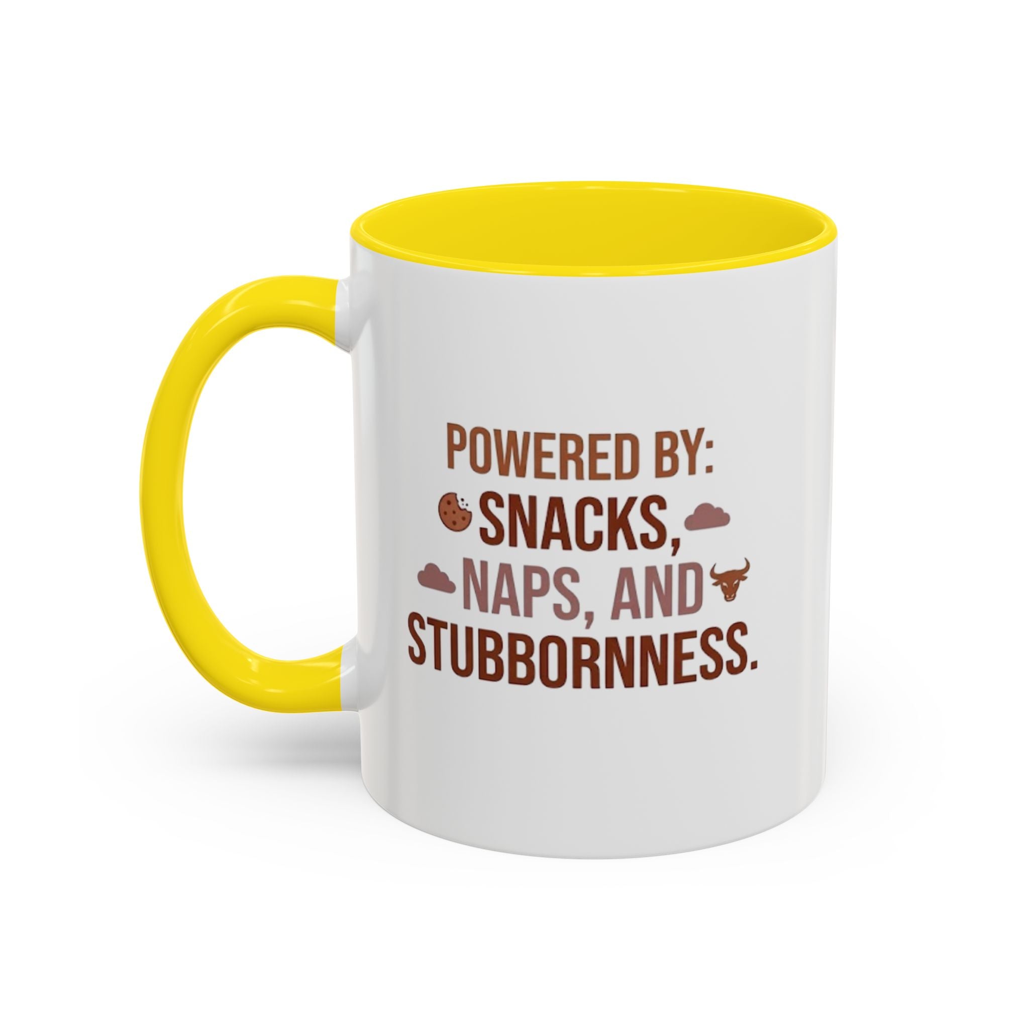 Coffee Mug — "Powered by: Snacks, Naps, and Stubbornness" Ceramic Accent Mug