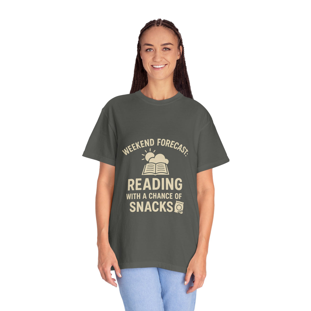 Reading & Snacks T-Shirt — "Weekend Forecast: Reading with a Chance of Snacks" - Trending Now - October 2026