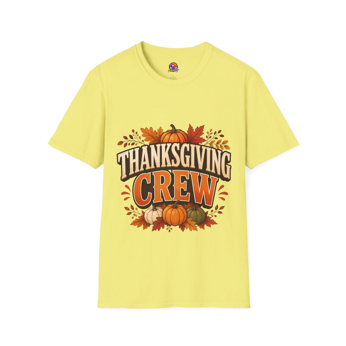 Thanksgiving T-Shirt Crew T-Shirt— Festive Pumpkin & Fall Leaves Holiday Tee