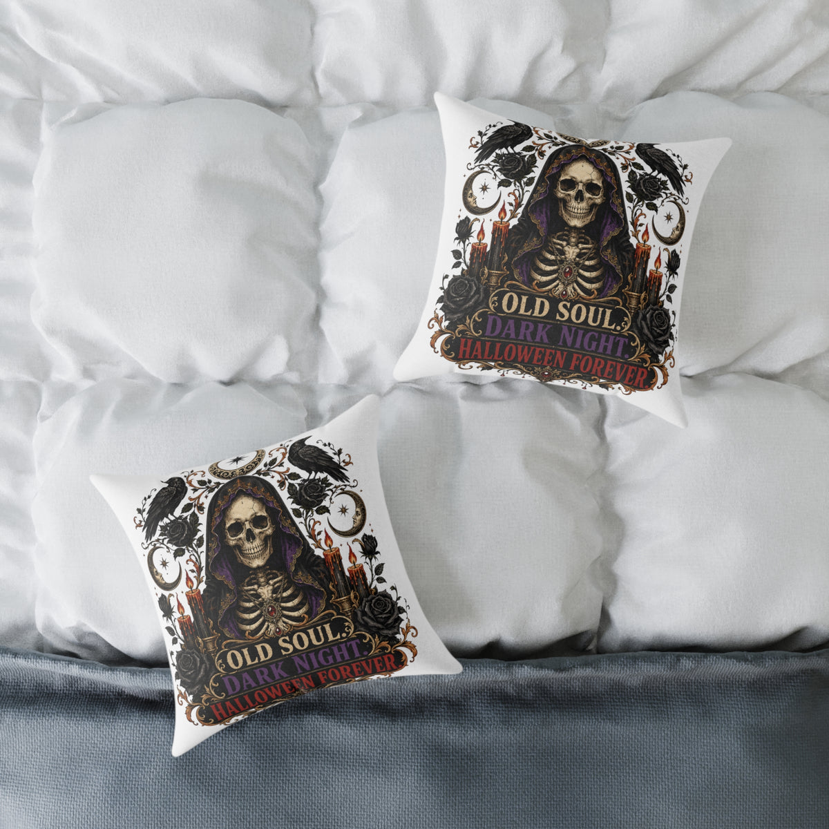 Halloween Skull Pillow — "Old Soul, Dark Night" Decorative Cushion