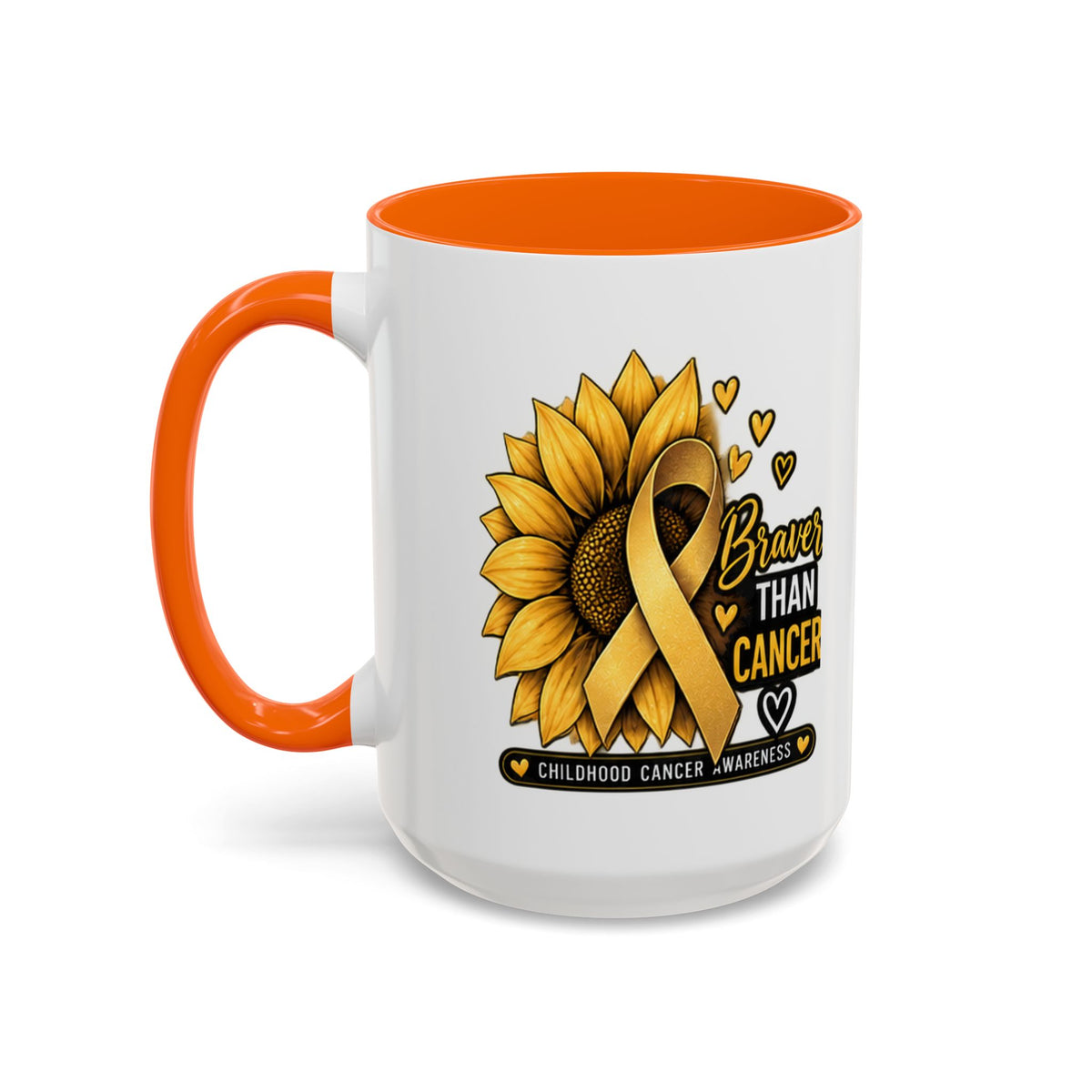 Childhood Cancer Awareness Mug — "Braver Than Cancer" Sunflower & Gold Ribbon