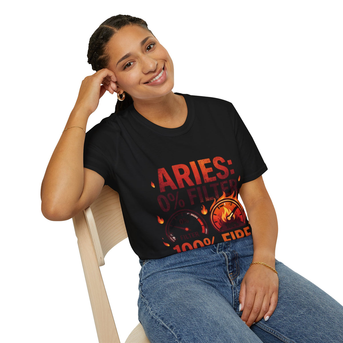 Aries T-Shirt — "Aries: 0% Filter, 100% Fire" Bold Zodiac Tee