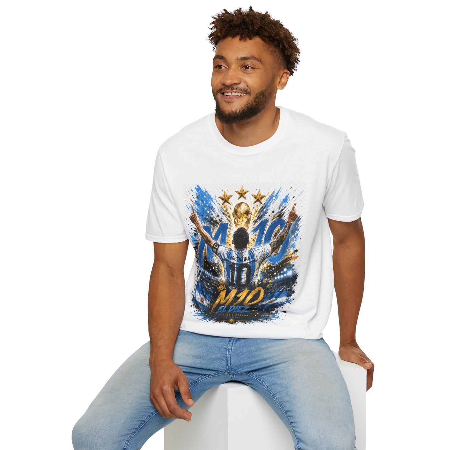 Argentna  Soccer M10 Champion T-Shirt — Gold Trophy & Stars Football Fan Tee