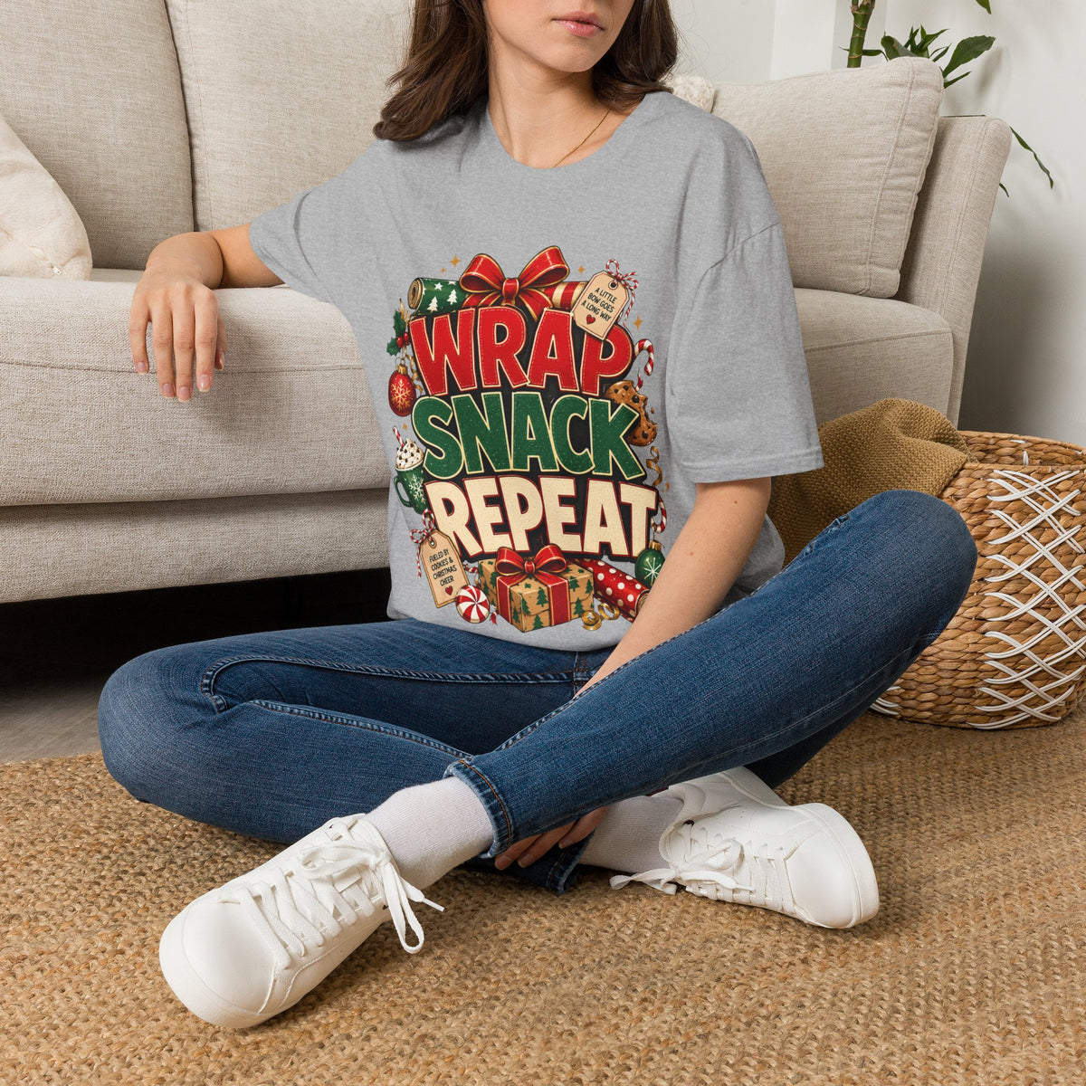 T-Shirt — "Wrap Snack Repeat" Christmas Graphic Tee