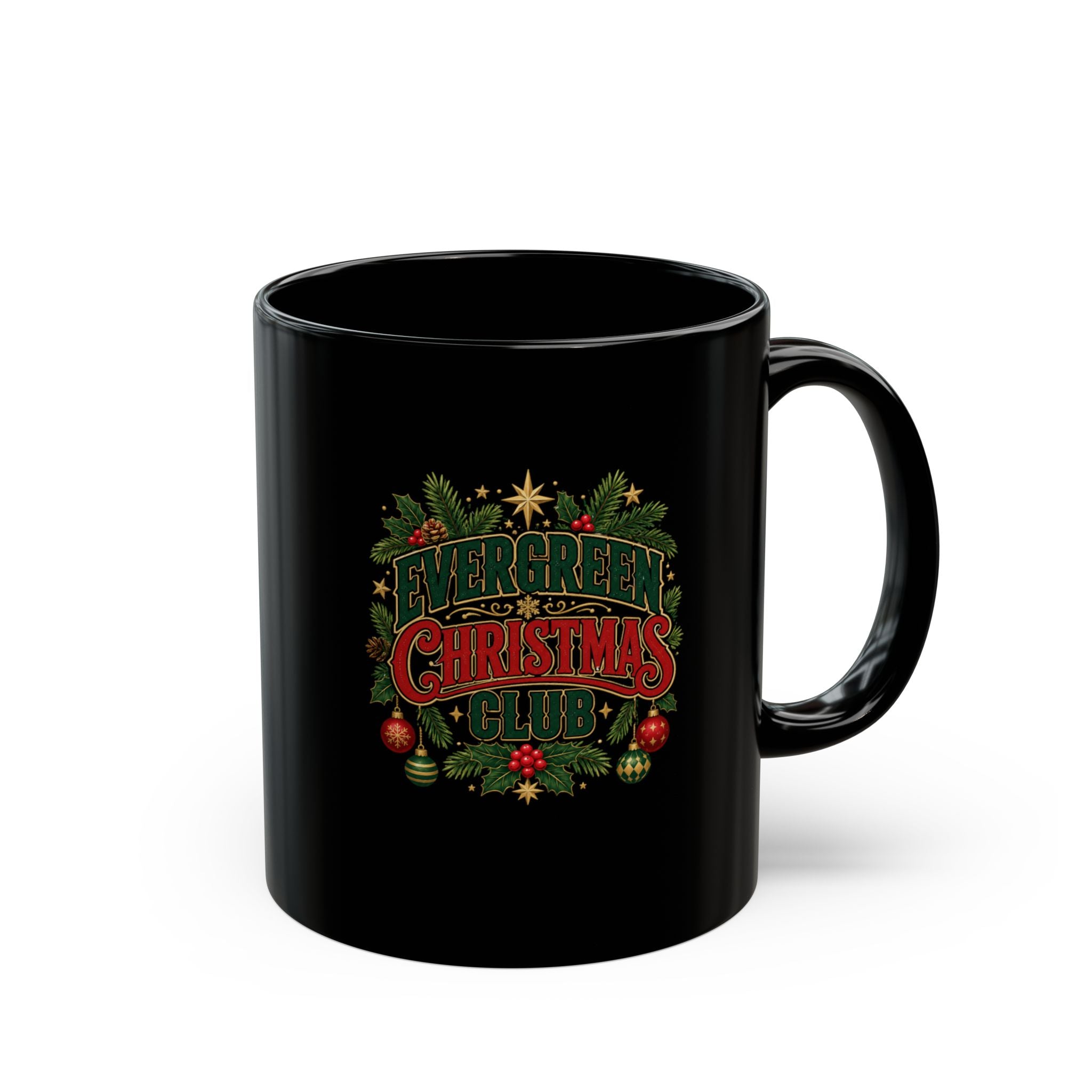 Christmas Mug — 'Evergreen Christmas Club' Festive Black Coffee Cup
