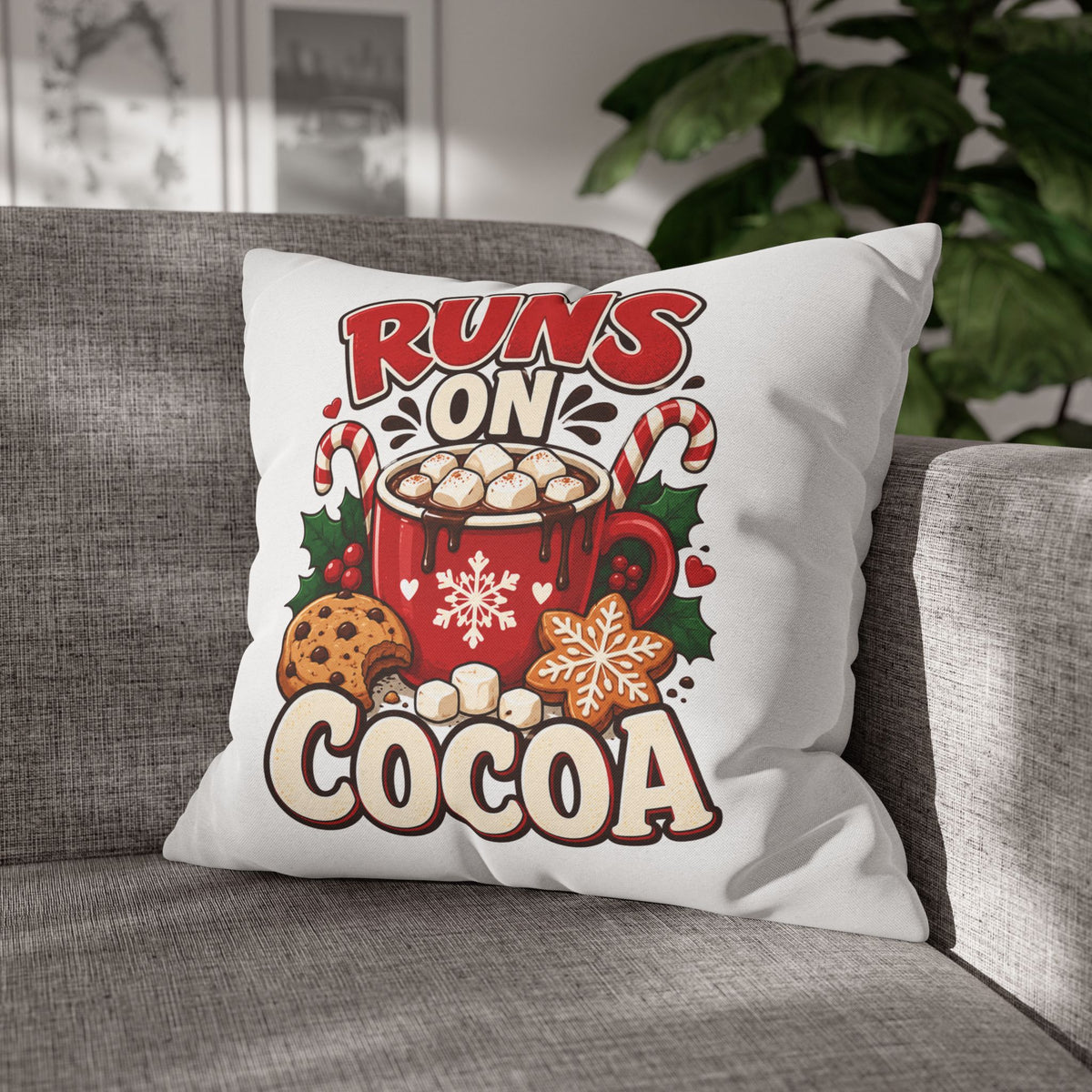 Christmas Runs on Cocoa Decorative Pillowcase — Hot Chocolate Holiday Throw Pillow