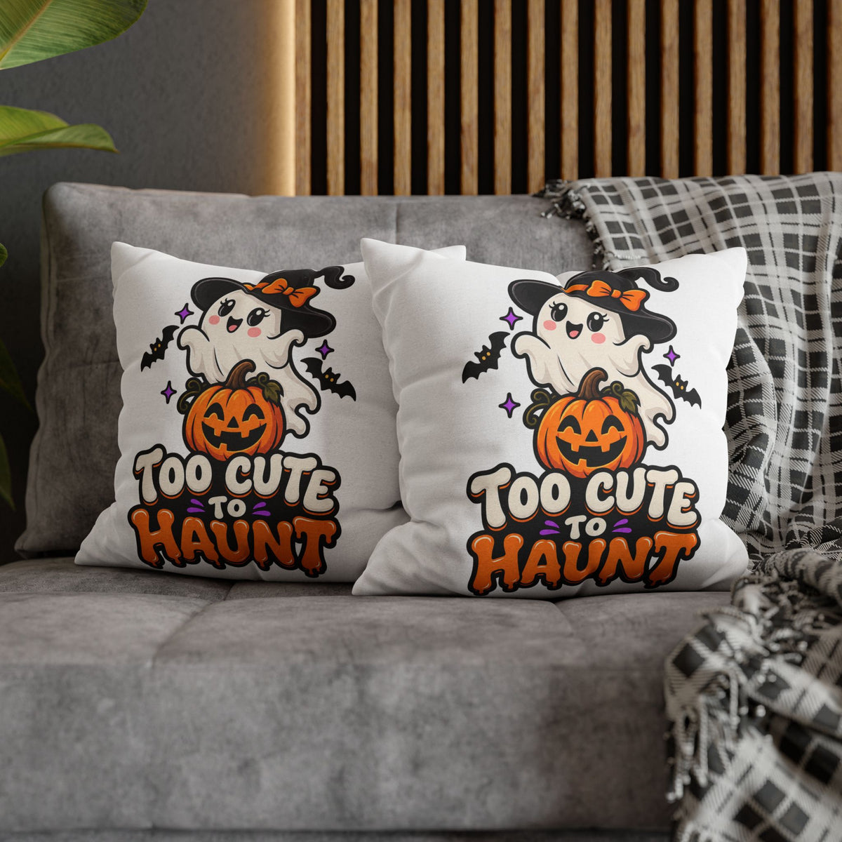Halloween Pillowcase — "Too Cute to Haunt" Ghost Pumpkin Decorative Pillow Cover